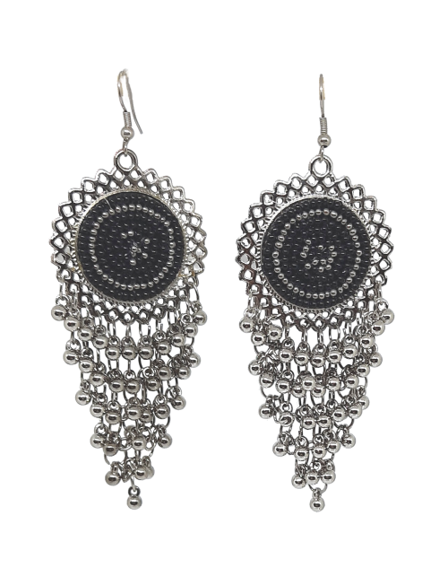 Oxidized Black Beads Light Weight Earring Tassel Drop Earring for Traditional, Occasional Silver Tassel Drop Earrings ( JEOD100219) Silver, black & Silver Beads