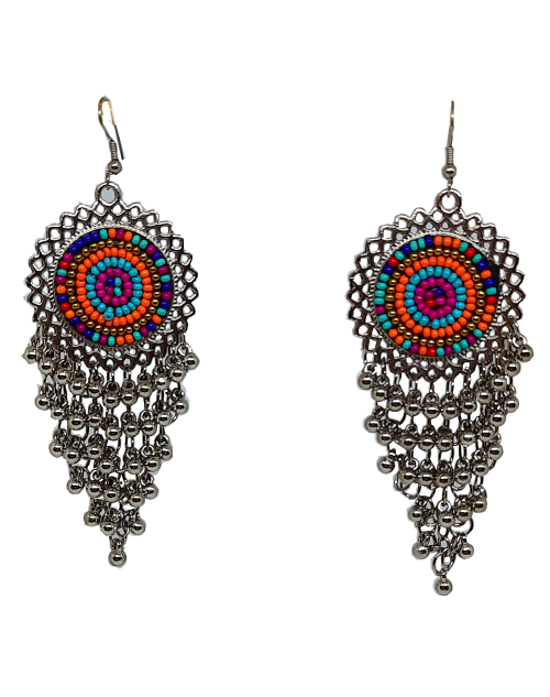 Oxidised Multicolor Beads Light Weight Earring Tassel Drop Earring for Traditional, Occasional Silver Tassel Drop Earrings ( JEOD100220) Silver,Multicolor Beads