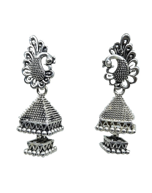 Oxidised Silver Peacock Drop Earrings For Traditional, Occasional Oxidised Drop Earrings for Womens (JEOD100209)