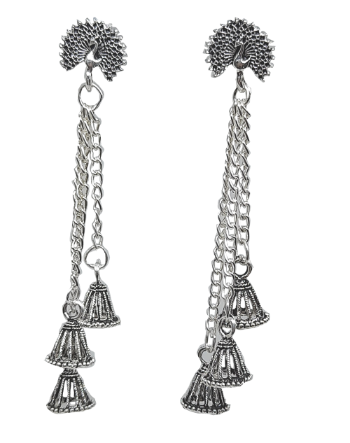 Oxidised Peacock Light Weight Tassel Drop Earring for Traditional, Occasional Silver Tassel Drop Earrings ( JEOD100207)